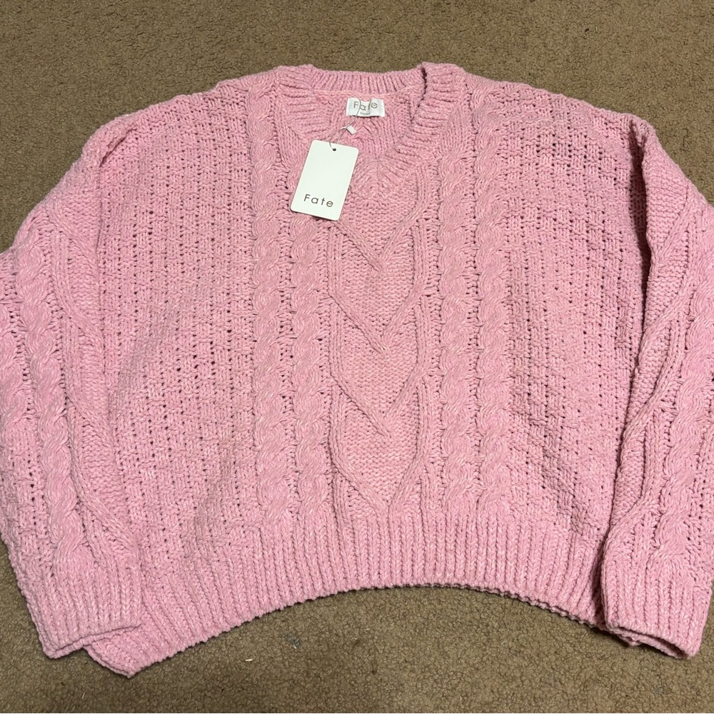 Fate Women's Pink V-Neck Cable Knit Sweater